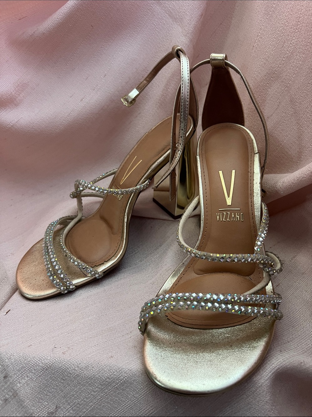Vizzano Metallic Gold Crystal-Strap Block Heel Sandals